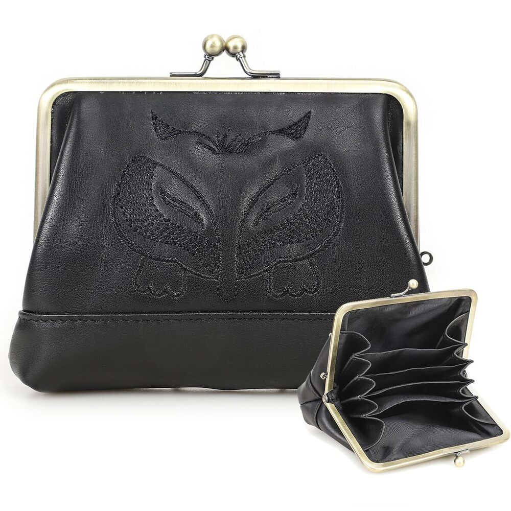 2372 Full Grain Leather Kiss Lock Coin Purse Fox Embroidery Coin Pouch
